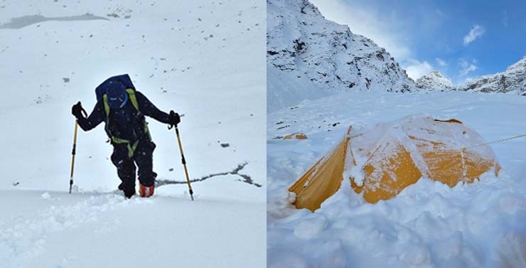 Dag Lund in heavy Snowfall at Lobuche Base Camp